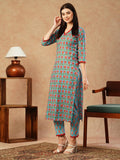 Gosriki Women'S Cotton Blend Straight Printed Kurta With Pant (Balajyoti Blue-Gs_L_Blue_Large),Blue,,B0CSG5XL1C