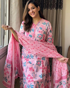 Gosriki Women'S Rayon Blend Straight Printed Kurta With Pant & Dupatta (Kumud Pink-Vks01-Gs_Xl_Pink_X-Large),Pink,,B0DD78B616
