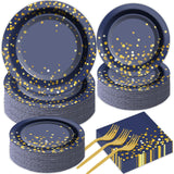 gisgfim 50 Guests Blue and Gold Party Supplies Tableware Set Gold Dot on Blue Paper Plates Napkins Disposable Paper Plates Gradu