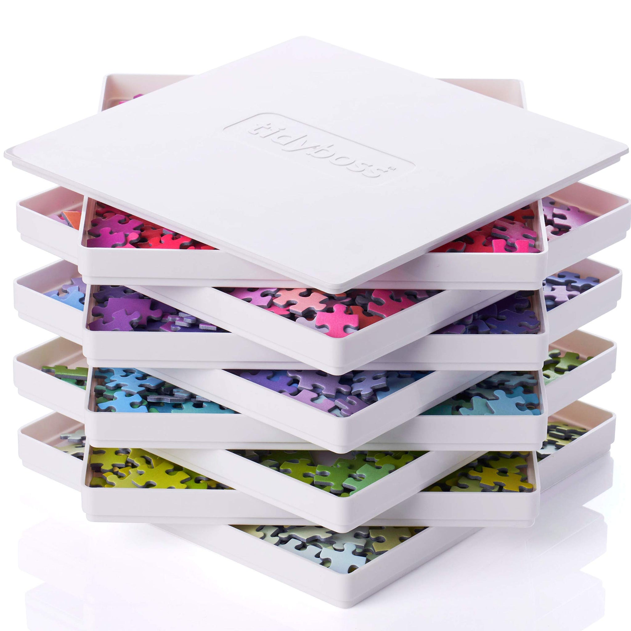 Tidyboss 8 Puzzle Sorting Trays with Lid 8 x 8 - Portable Jigsaw Puzzle Accessories White Background Makes Pieces Stand Out 