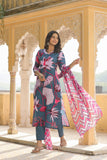Gosriki Women'S Cotton Blend Straight Printed Kurta With Pant & Dupatta (Sohini Grey-Nw-Gs_Xl_Grey_X-Large),Grey,,B0CPXW4DPF