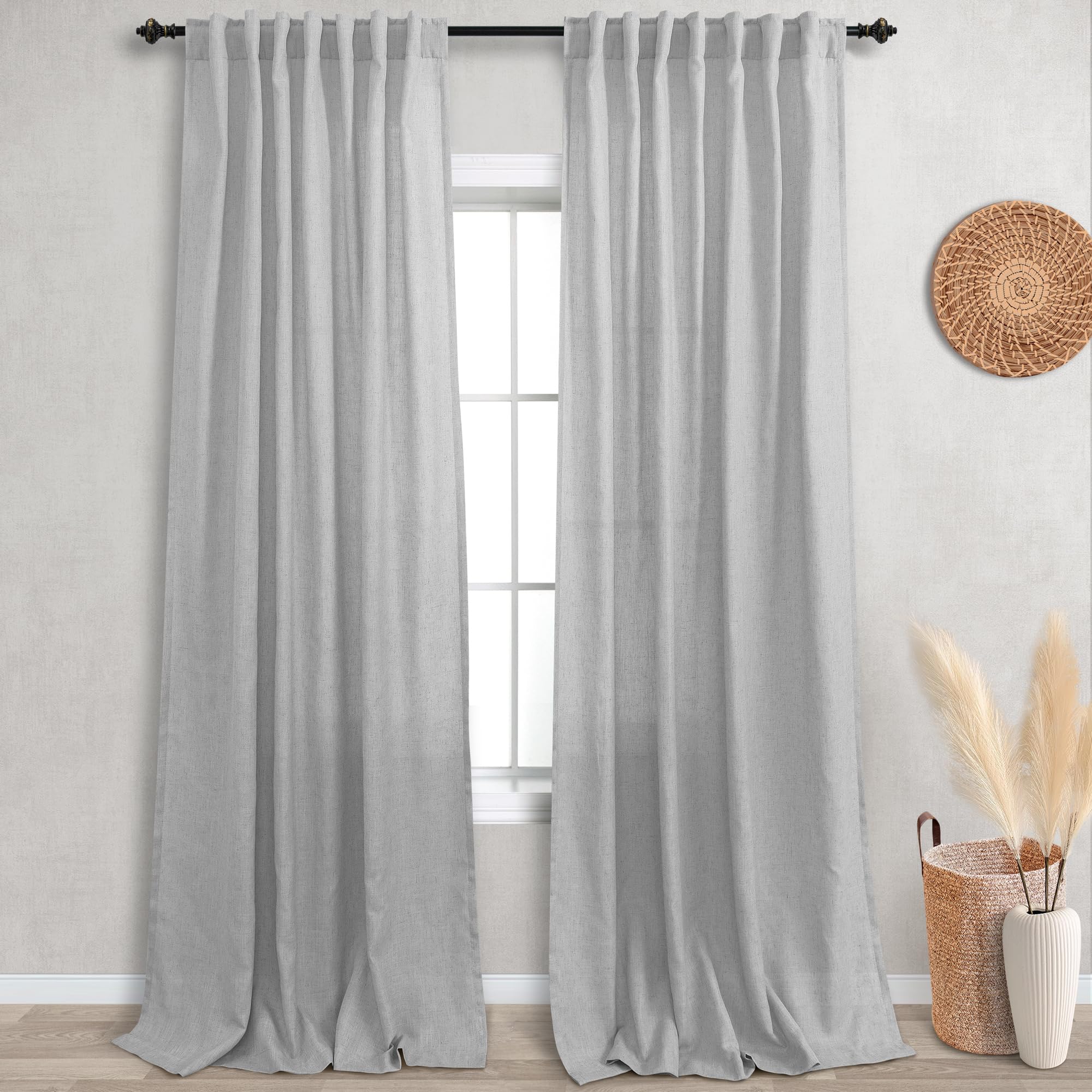 KOUFALL 96 inch Ceiling to Floor Length Curtains for Living Room 2 Panel Sets Light Grey Gray Linen Sheer 8 FT Long Curtains & D