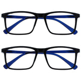 OPULIZE INK Reading Glasses - Value 2 Pack - Large Rectangular Frame - Spring Hinges - Scratch Resistant - Black Blue Arm - Mens