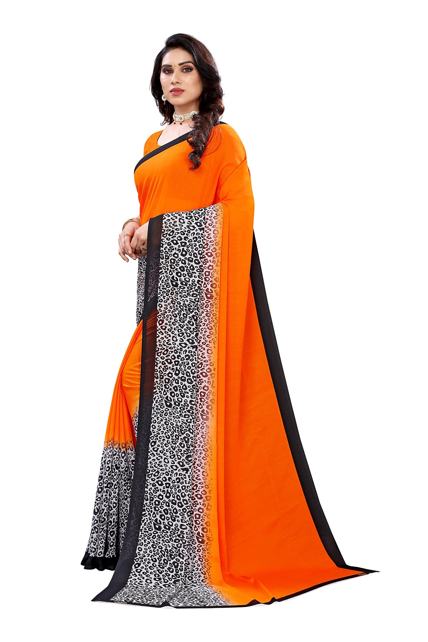 Gosriki Women'S Georgette Printed Saree With Blouse Piece (Tiger Orange_Newone-Orange),Orange,,B0977BJ7G8