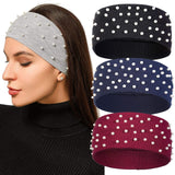 Awaytr Knitted Headband Winter Ear Warmer 3Pcs Elastic Knit Ear Warmers With Pearls Winter Hair Band For Women Head Wraps (Nav