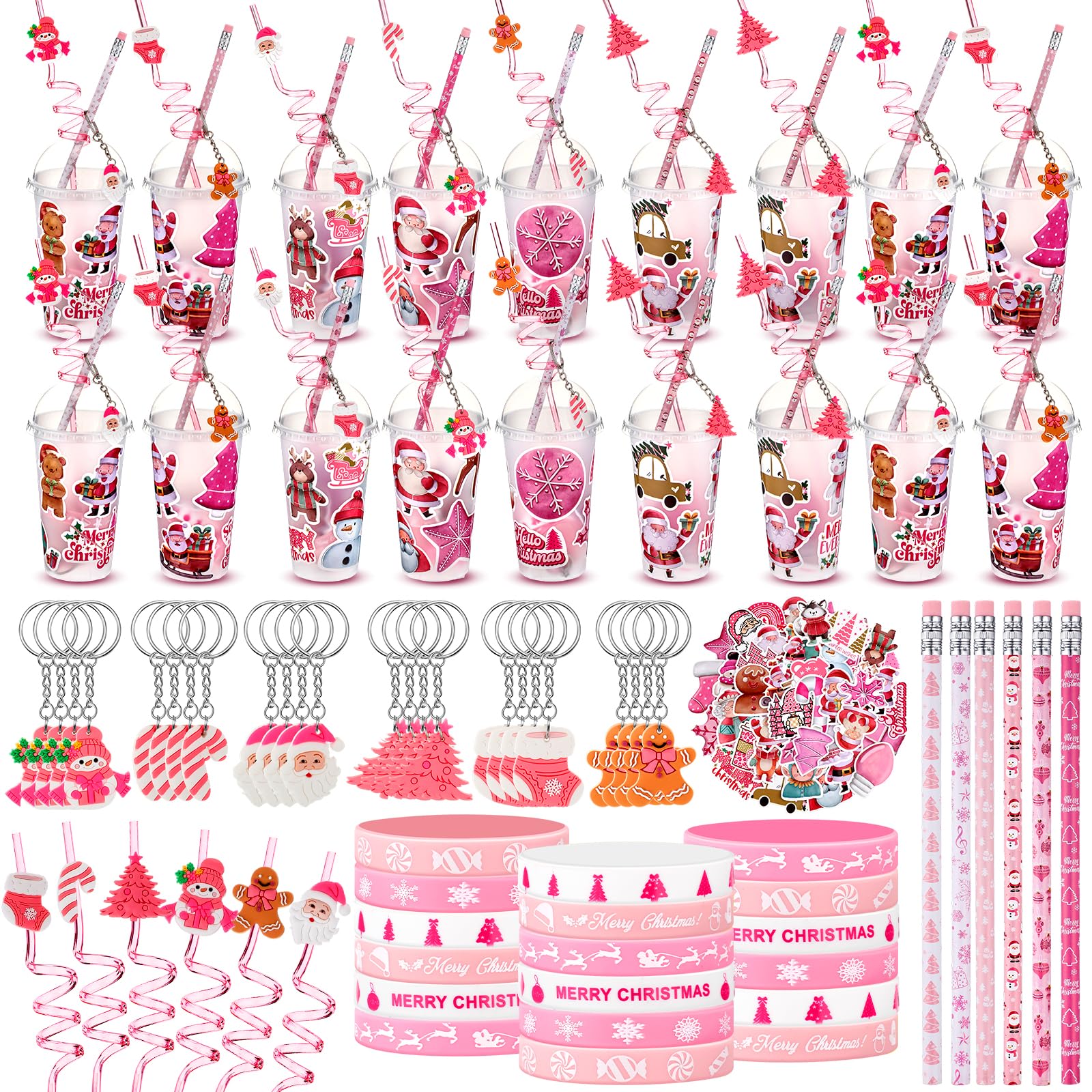 Seenelling 24 Set Pink Christmas Stationery Party Favors for Students Xmas Gift Cups Filler with Keychain Pencil Straw Silicone 