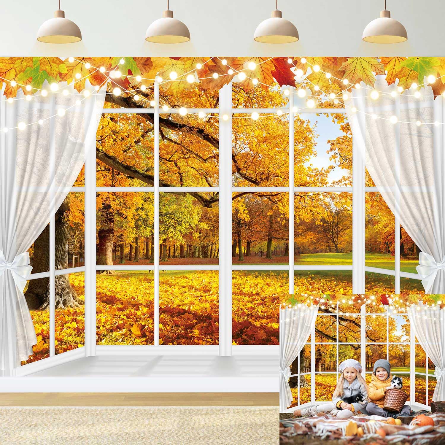 Autumn Window Photography Backdrop 7x5FT White Curtains Fall Forest Scene Background Autumn Thanksgiving Party Decorations Suppl