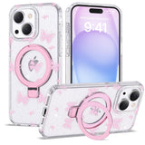 ETPESOK Compatible with iPhone 15 Plus Case Clear Pink Butterfly Pattern Design with Magnetic Ring Stand [Compatible with Mag-Sa