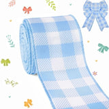Spring Easter Ribbon Wired, Blue Gingham Fabric Ribbon Pastel Plaid Checkered Ribbons for Bow Wreath Supplies Gifts Wrapping DIY