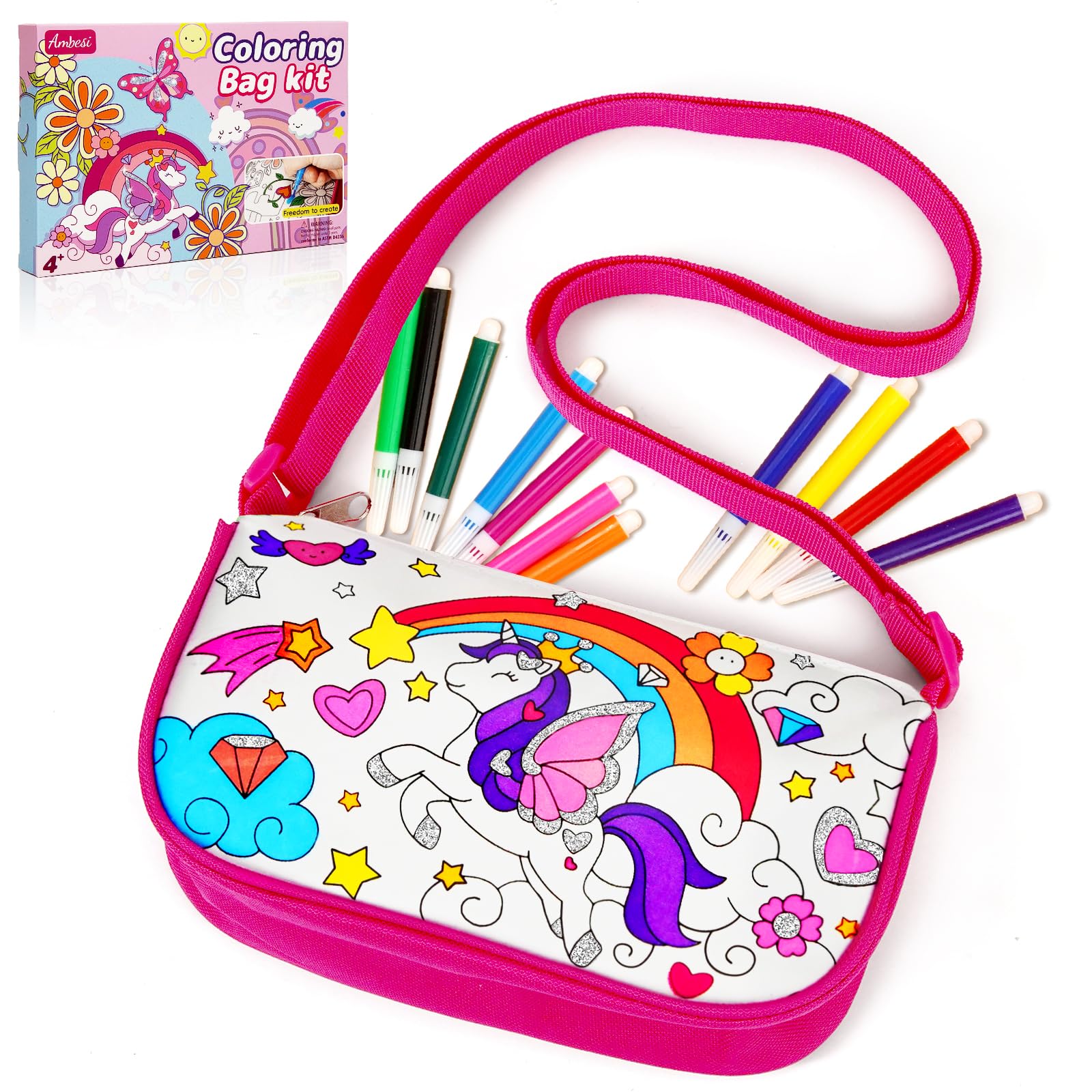 Ambesi Coloring Handbag, Color Your Own Bag, DIY Party Graffiti Bag with 12 Color Pens, Arts and Crafts Kit, Gift for Girls (Uni