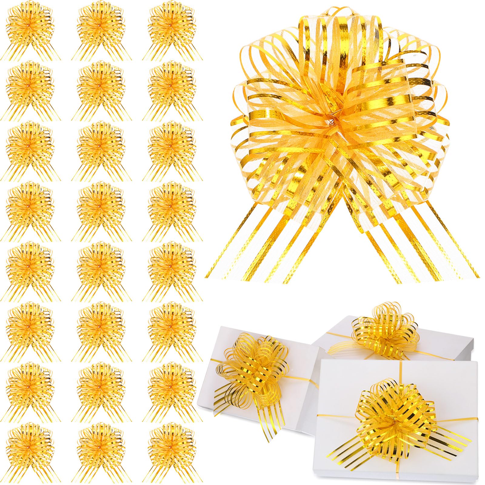Poen 24 Pcs Christmas Pull Bows for Gift Wrapping Large 6 Inch Organza Crafts Bows for Present Wrapping with Ribbon for Gift Bas