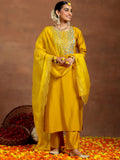 Libas Gerua Womens Yoke Design Silk Blend Straight Kurta With Trousers And Dupatta Mustard M