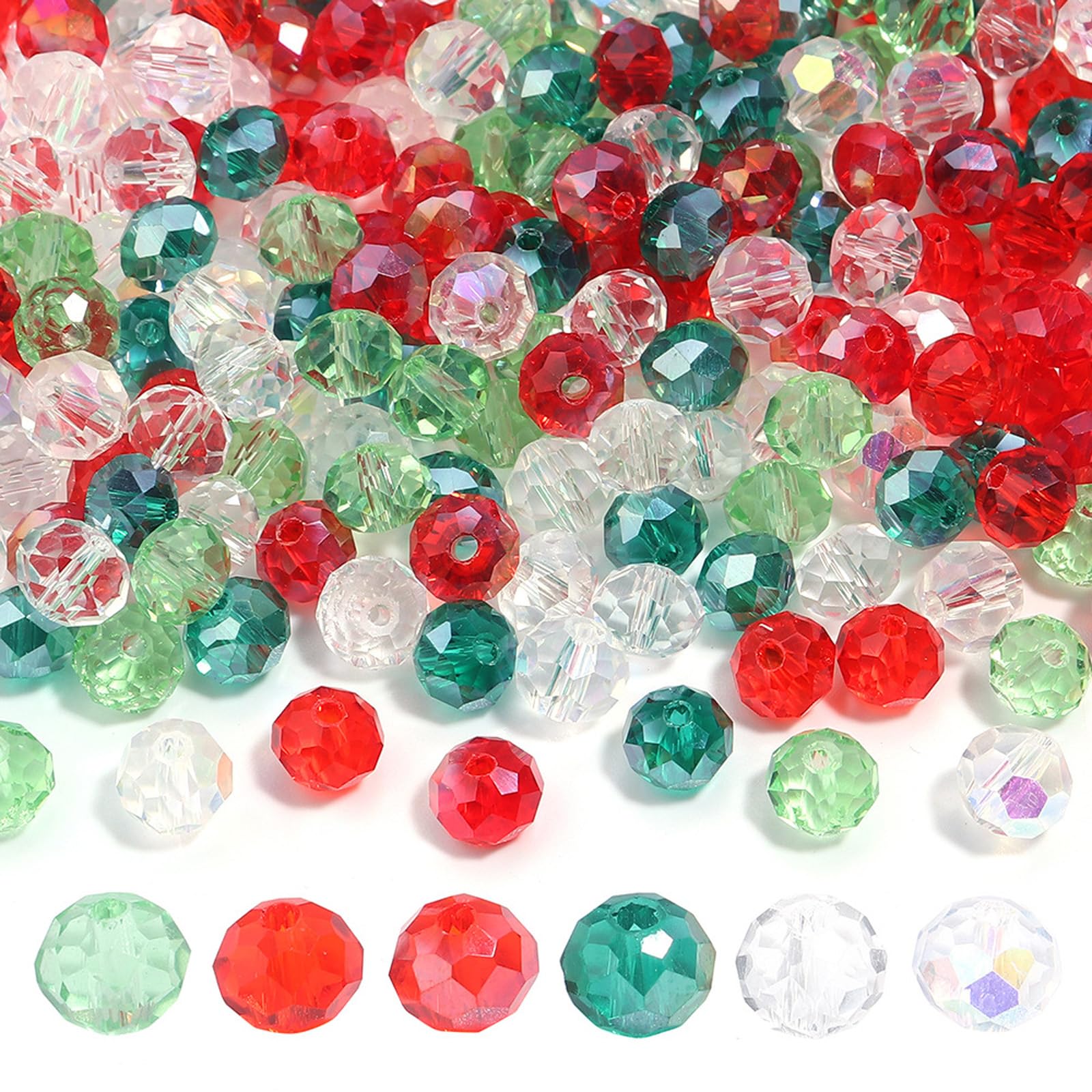300PCS 6mm Crystal Glass Facted Round Beads for Jewelry Bracelet Making, Christmas Series Briolette Glass Spacer Beads with Hole