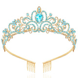 TAROSE Gold and Blue Crowns for Women and Girls, Queen Crystal Tiaras with Blue Rhinestone and Combs, Goddess Crown for Wedding 