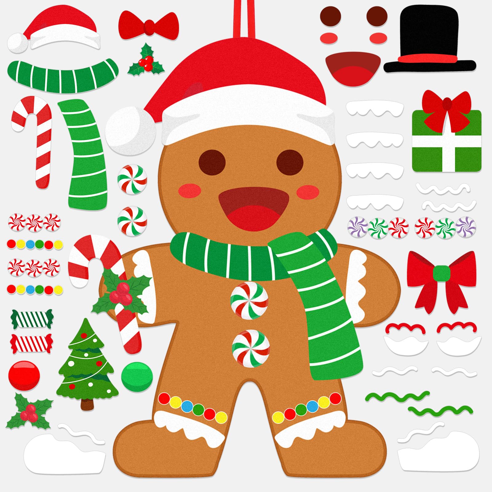 WovWeave Christmas DIY Felt Gingerbread Man Hanging Decor with 46 Detachable Ornaments Christmas Gingerbread Man Felt Crafts Kit