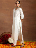 Libas Gerua Womens Embroidered Silk Blend Straight Kurta With Trousers And Dupatta White L