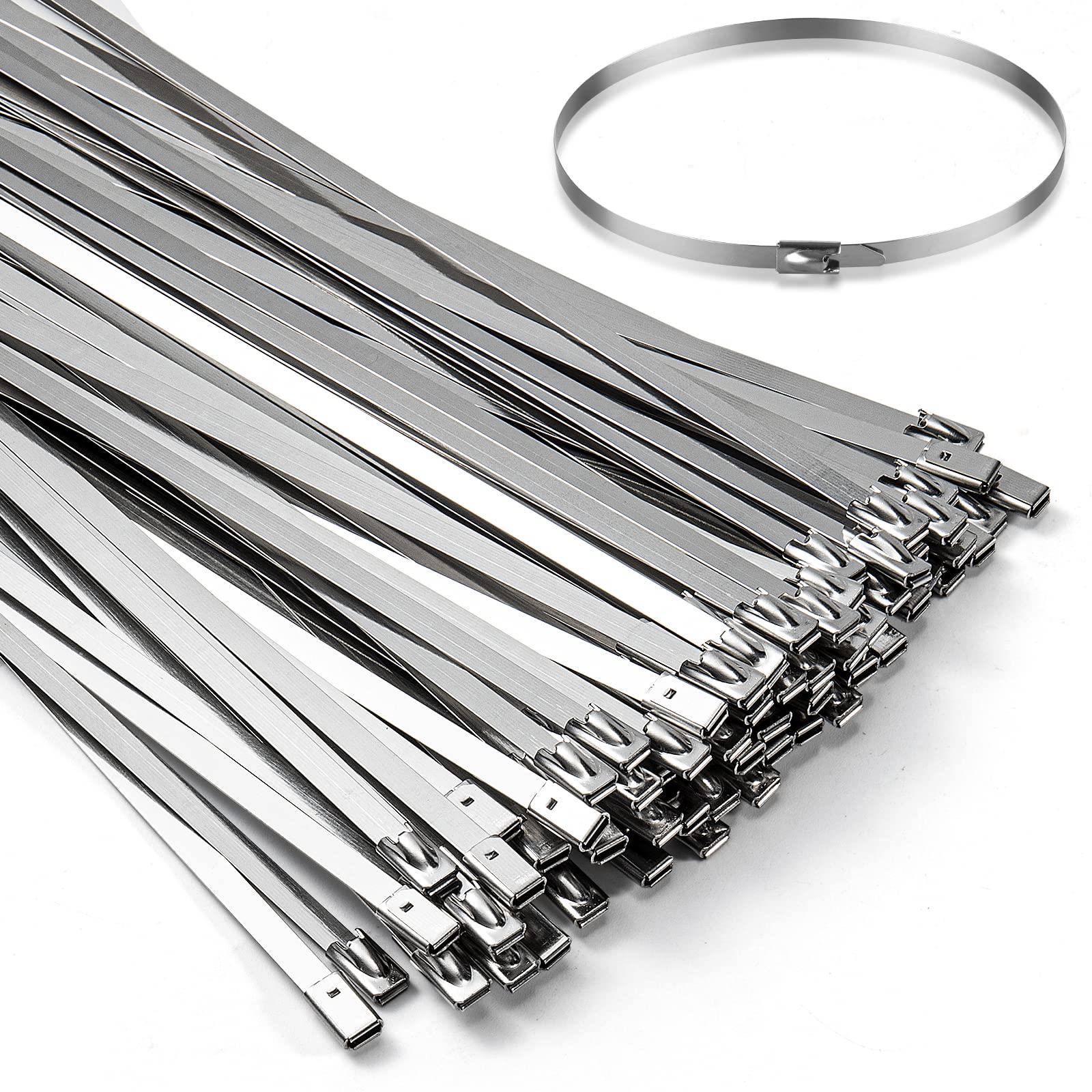 100PCS 11.8Inch Metal Cable Zip Ties - 304 stainless steel Heavy Duty Self-locking Cable Wire Tie Wrap for Fence Exhaust Wrappin