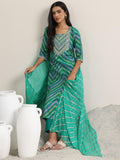 Libas Womens Printed Viscose Straight Kurta With Trousers And Dupatta Green S
