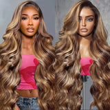 Hepnok Honey Blonde Highlight Wig Human Hair Ombre Body Wave 13x6 HD Lace Front Wigs Human Hair Pre Plucked 200% Density P4/27 B