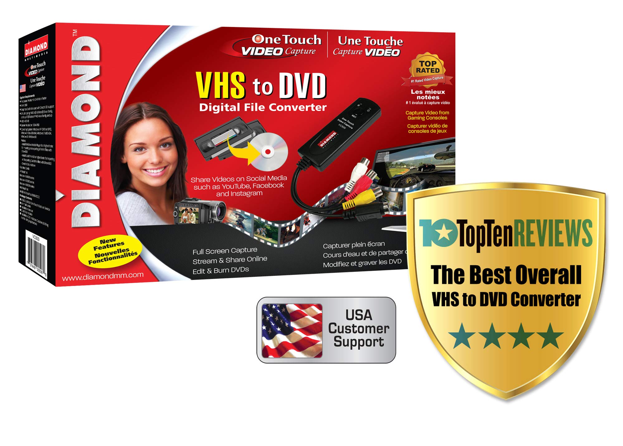 Diamond Multimedia VC500 One Touch VHS to Digital File, DVD Converter with Easy to use Software, Convert, Edit and Save For Win7