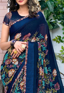 Gosriki Women'S Georgette Blend Printed Saree With Blouse Piece (Maha-Blue-Gs_Blue_Free Size),Blue,,B0BJ747J4T