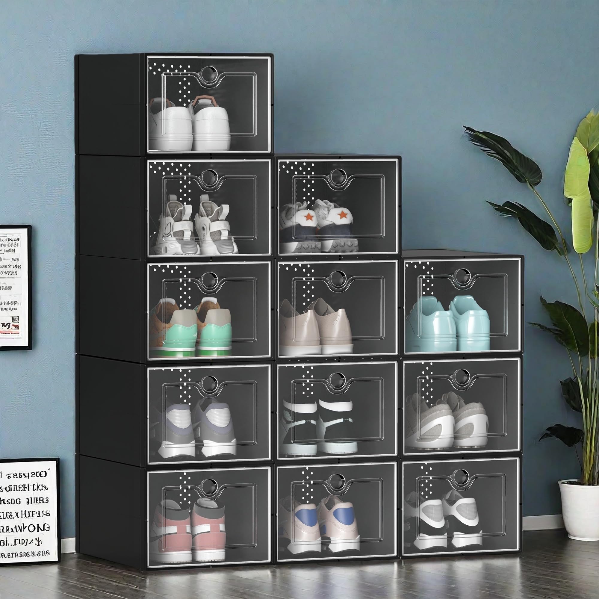 YITAHOME X-Large 12 Pack Shoe Storage Box Fit up to US Size 15, Stackable Shoe Organizer Boxes for Closet, Plastic Shoe Rack Sne