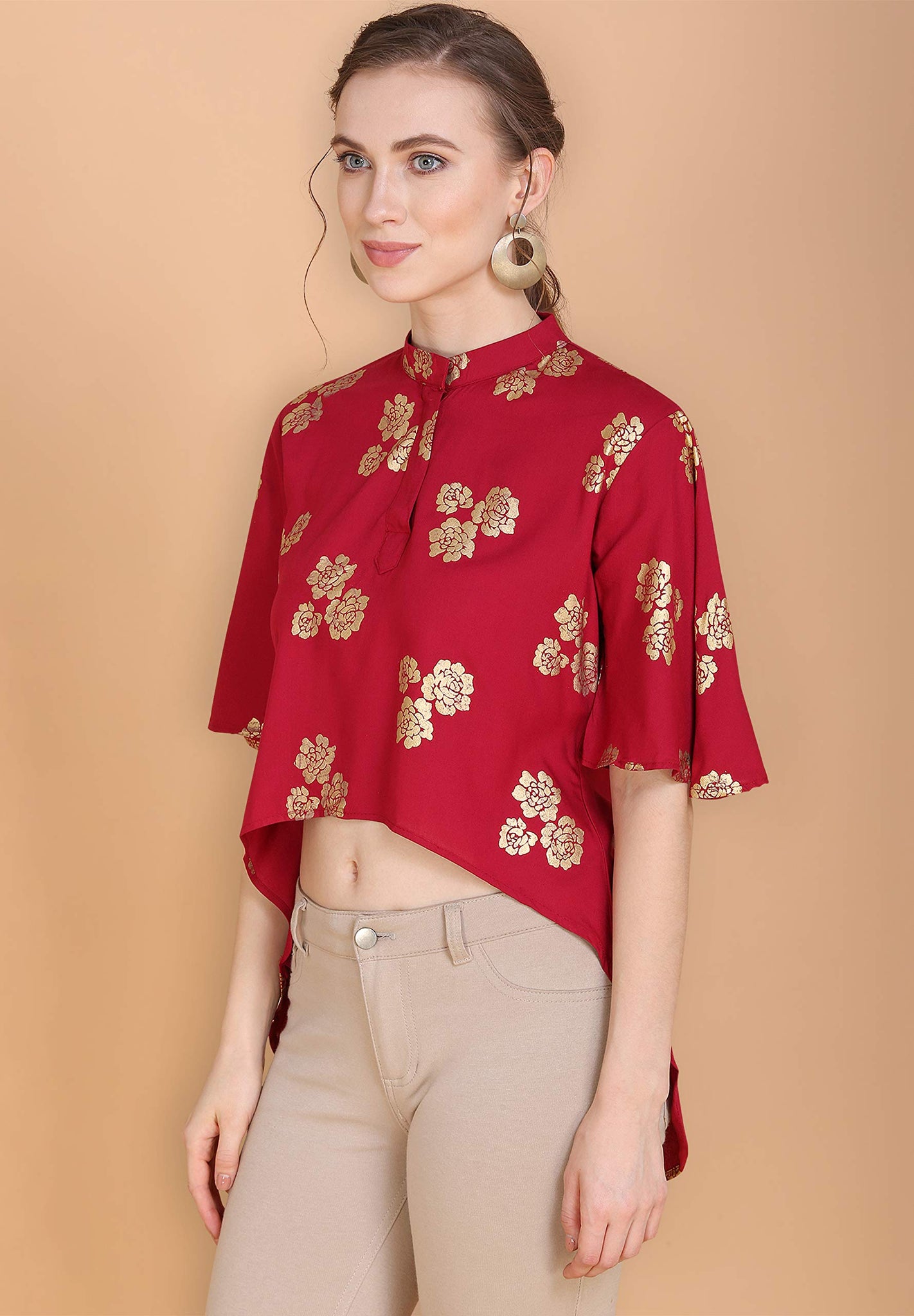 Anni Designer Women'S Red Rayon Crop Top With Gold Foil Print (Dalema Top_M,Red,M,Rayon,Crop,