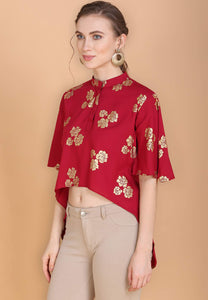 Anni Designer Women'S Red Rayon Crop Top With Gold Foil Print (Dalema Top_M,Red,M,Rayon,Crop,