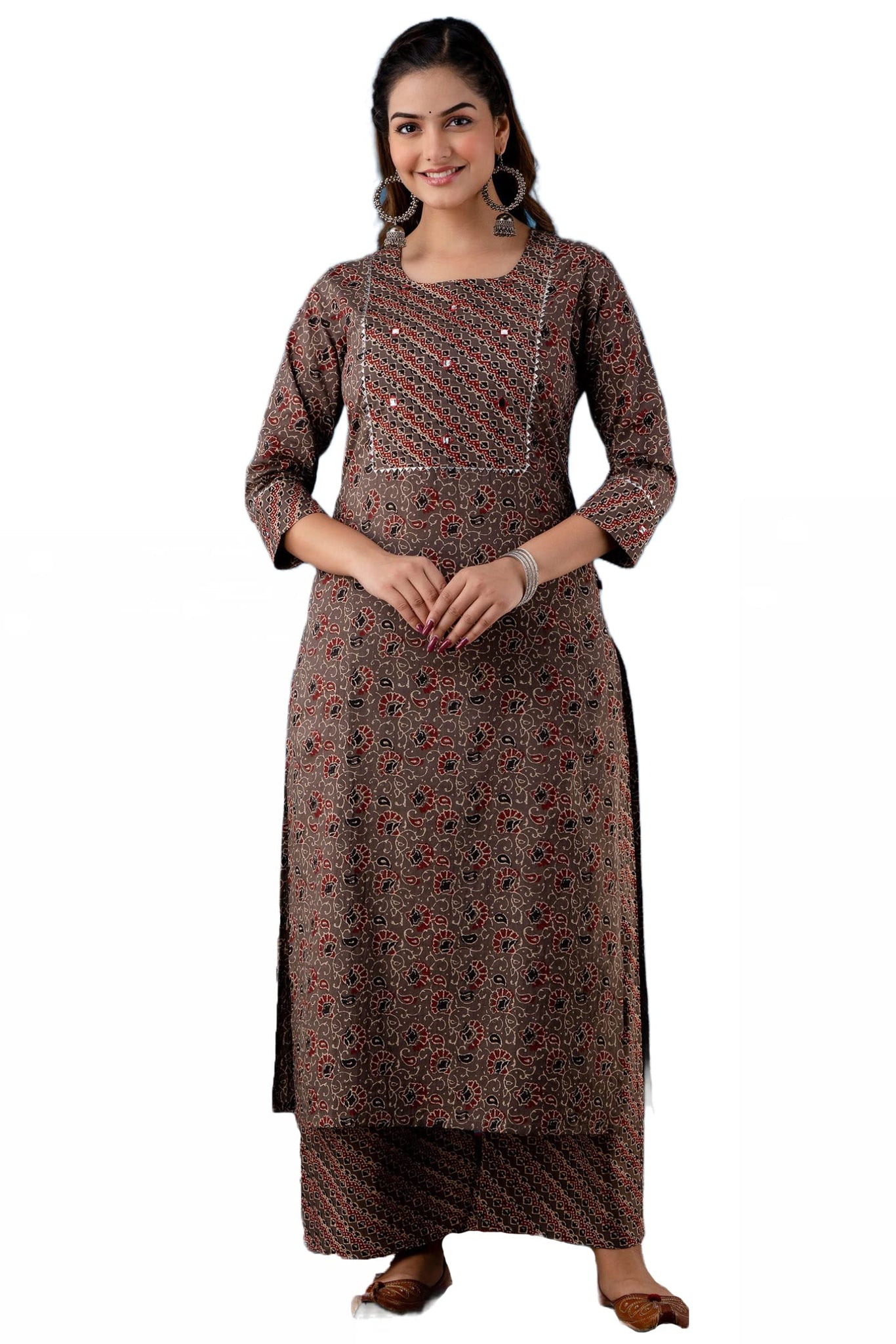 Anni Designer Women'S Cotton Blend Traditional Straight Printed Kurta And Palazzo Set (Janar Dark Brown Nw_Xl_Dark Brown_X-Large),Dark Brown,XL