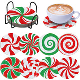 UPINS 8 Pcs Christmas Candy Diamond Art Coasters with Holder,Peppermint Diamond Art Coasters DIY Xmas for Table Drinks Holiday P