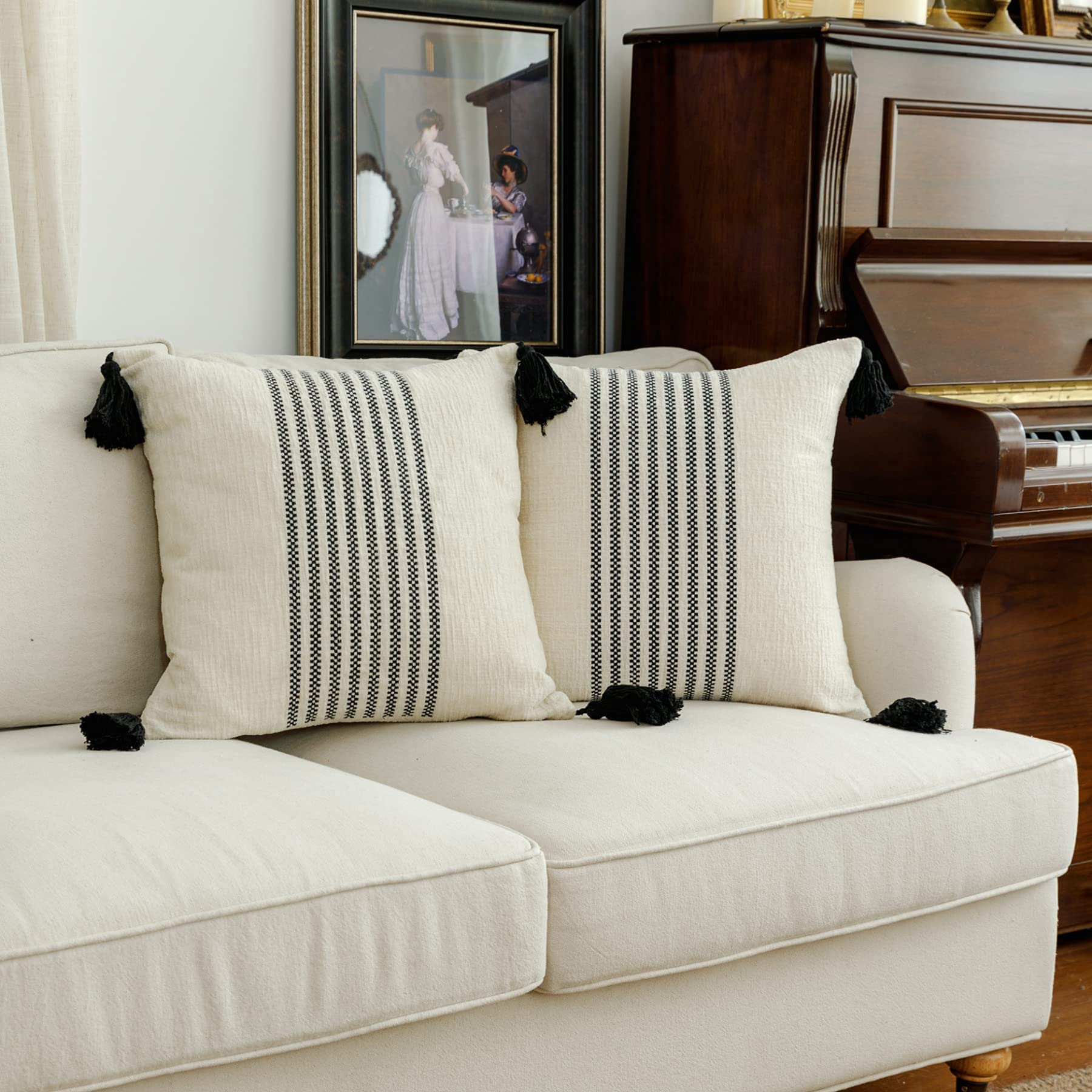 IKATYARN 20 x 20 Inches Pack of 2 Boho Black and Off White Embroidery Striped Throw Pillow Cover, Soft Chenille Pillowcase with 
