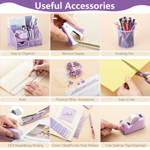 15 Pcs Purple Office Supplies Set Mesh Desk Organizer Accessories Kit Include Stapler Tape Dispenser Staple Remover Clips Ruler