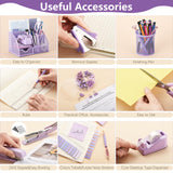 15 Pcs Purple Office Supplies Set Mesh Desk Organizer Accessories Kit Include Stapler Tape Dispenser Staple Remover Clips Ruler