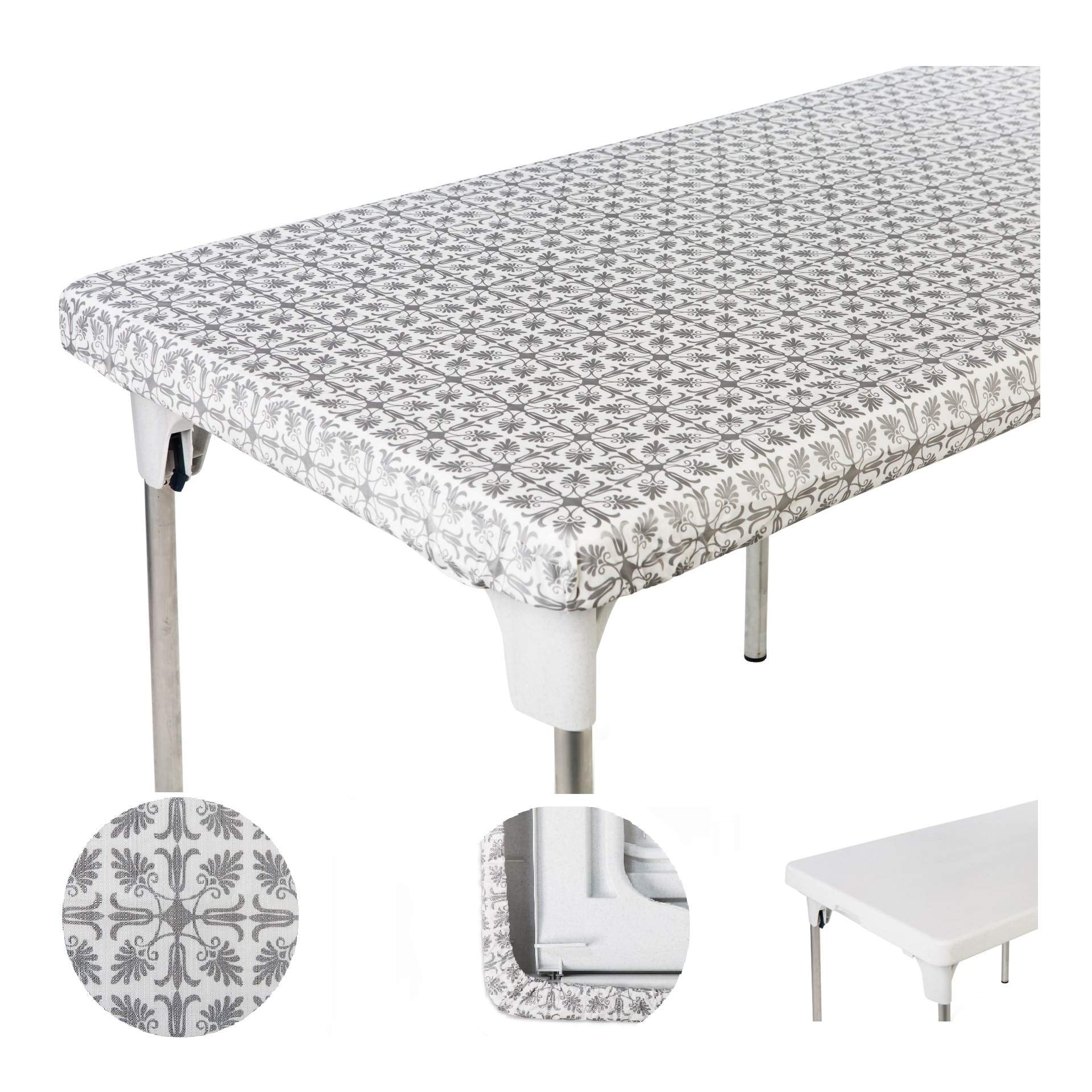 TopTableCloth Table Cover Silver Patterned Elastic on The Corner for Folding Table 6 ft 30 x 72 inch Waterproof Elastic Edge Fit