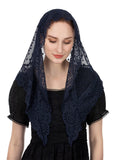 Wgior Triangle Vintage Inspired Lace Chapel Veils Catholic Mass Head Covering Scarf Mantilla Veils For Church, Navy Blue, Large