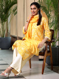 Libas Womens Printed Cotton Blend Straight Kurta With Palazzos And Dupatta Yellow 2Xl