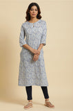 W Blue Paisley Printed Cotton Straight Long Kurta For Women Indigo Blue 3Xl