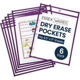 Essex Wares - 6 Pack, Grape, Durable Water-Resistant Dry Erase Pocket Document Protectors, 10 Wide x 13.5 Tall - Dry Erase Clear