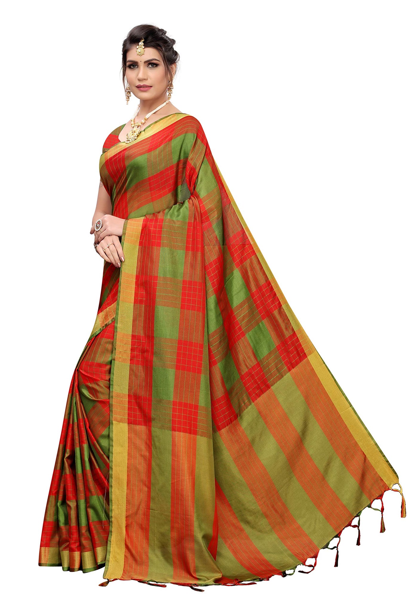 Gosriki Women'S Red Color Art Silk Checks Saree Border Tassels With Blouse Piece(New-Ikkat Box Red_Free Size),Red,,B07XXSXWPD