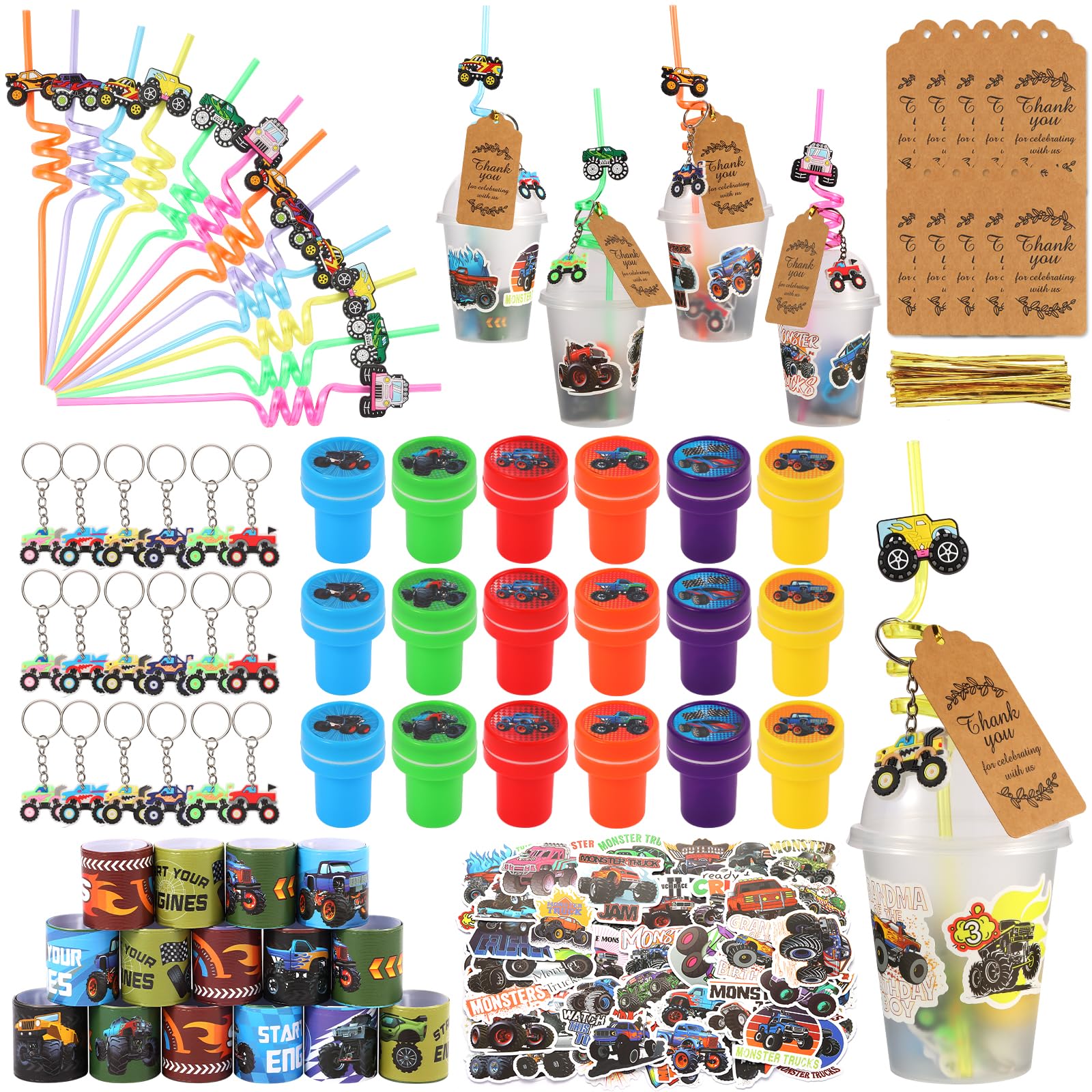 Kolewo4ever 244 Pieces Monster Truck Party Gifts Set Monster Truck Party Supplies Jam Birthday Decorations with Cup Straw Keycha