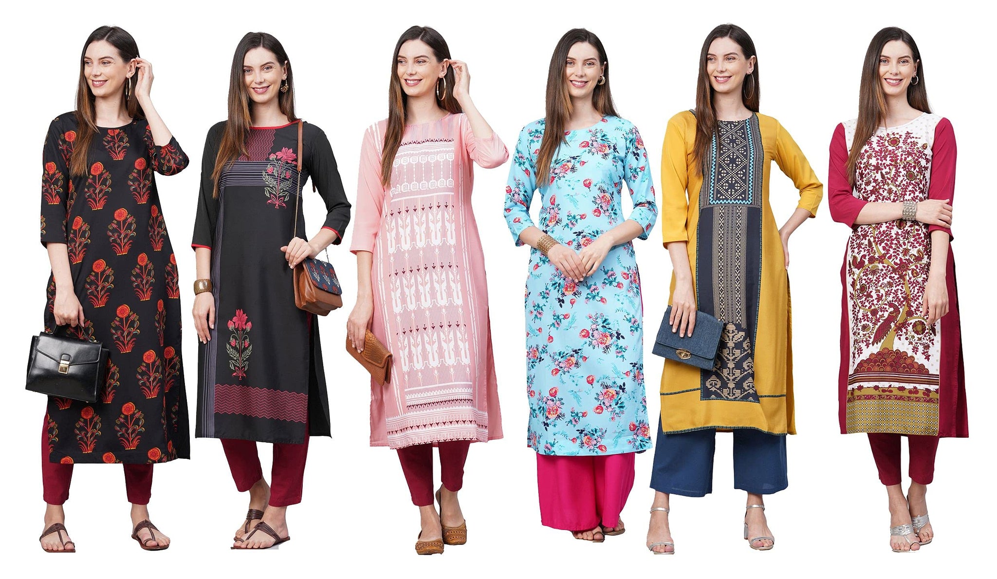 Anni Designer Women'S Crepe Straight Printed Kurta Pack Of 6 (Crepe Combo-6_5_L_Newly_Multicolor_Large),Multicolour,L