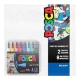 POSCA Canvas Paint by Number Kit, Sea & Sky - 8 Acrylic Markers with 2 Pre-Drawn Canvases - Gift Set for Artists, Adults and Kid