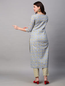 Gosriki Women'S Cotton Blend Traditional Straight Printed Kurta With Pant Set (Mikaa Grey-Fbf001-Gs_L_Grey_Large),Grey,,B0BSTYGQR8