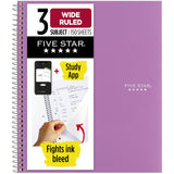 Five Star Spiral Notebook + Study App, 3 Subject, Wide Ruled Paper, 8 X 101/2, 150 Sheets, Fights Ink Bleed, Water Resistant 