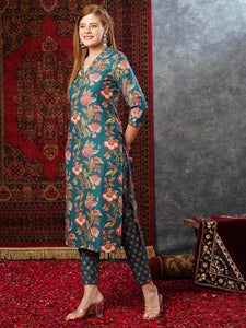 Gosriki Women'S Cotton Blend Straight Printed Kurta With Pant (Paresh Rama-Gs_Xl_Green_X-Large),Rama Green,,B0D73XW1WC