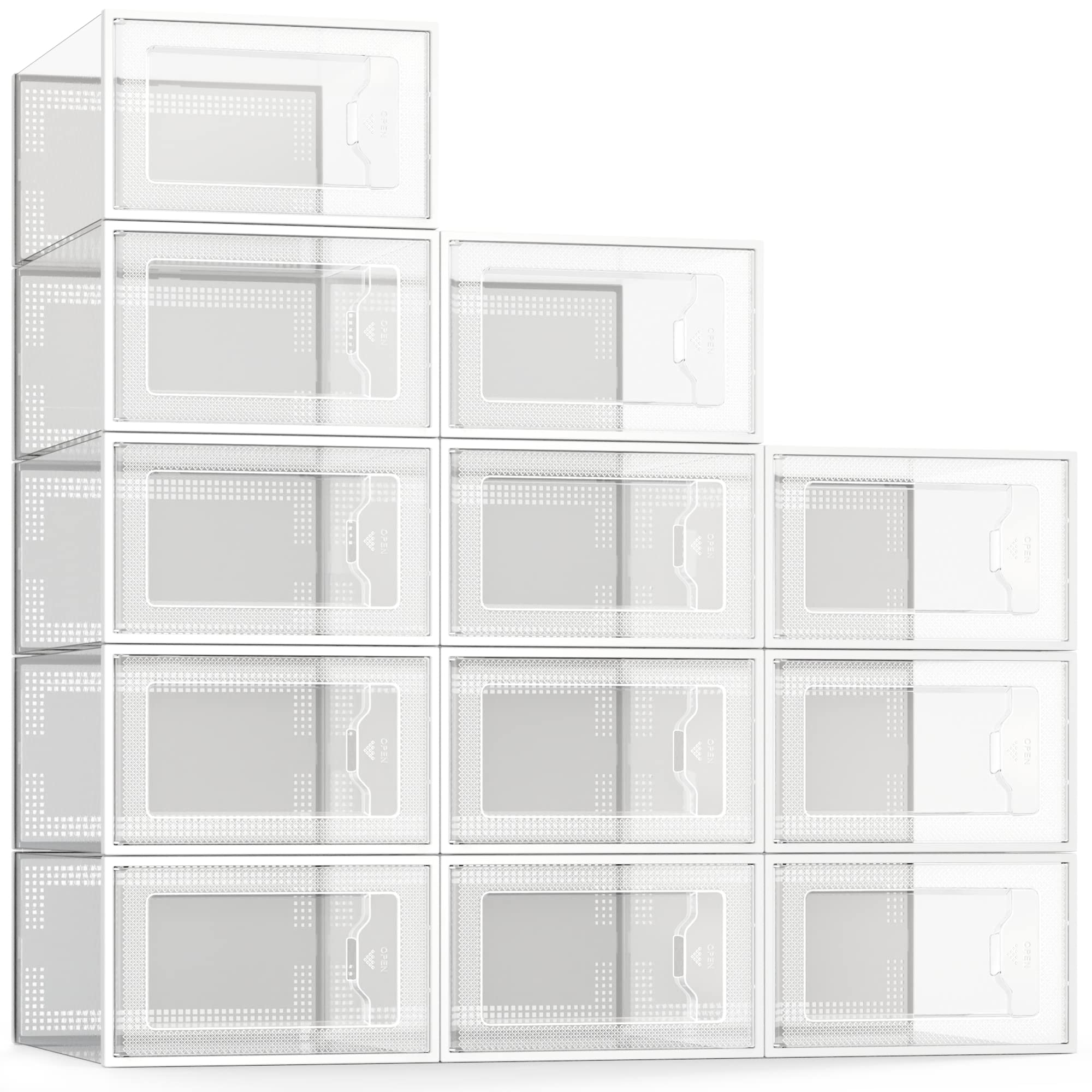 SEE SPRING Large 12 Pack Shoe Storage Box, Clear Plastic Stackable Shoe Organizer for Closet, Space Saving Foldable Shoe Rack Sn