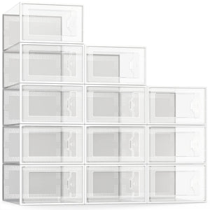 SEE SPRING Large 12 Pack Shoe Storage Box, Clear Plastic Stackable Shoe Organizer for Closet, Space Saving Foldable Shoe Rack Sn