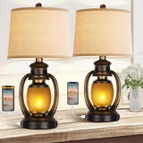 Set of 2 Rustic Living Room with 2 USB Port and Outlet,Farmhouse Table Bedside Lamps for Bedroom,Vintage Cottage Nightstand Lamp