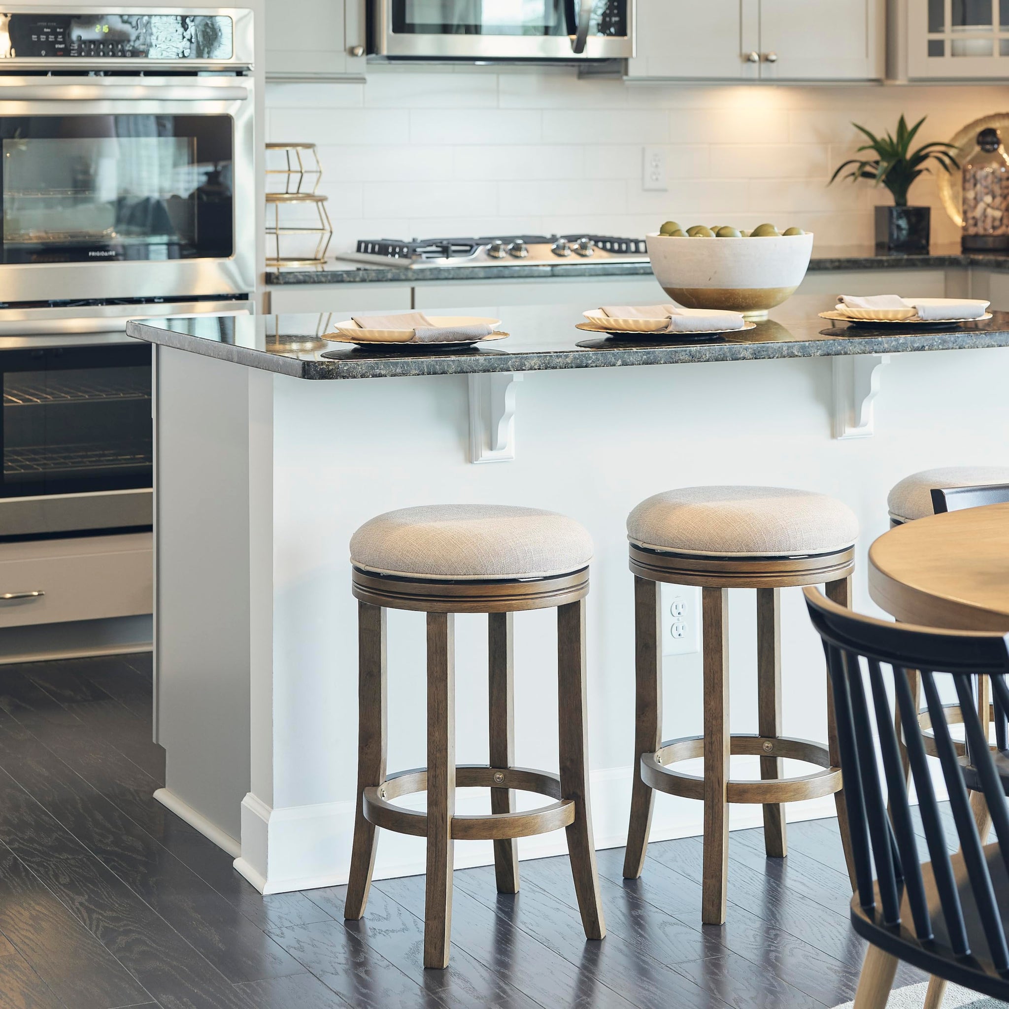 New Ridge Home Goods Victoria 26In. Counter-Height Backless Wood Swivel Barstool With Upholstered Seat, Honeysuckle