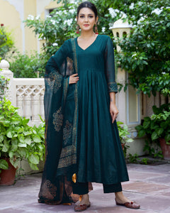 Gosriki Women'S Cotton Blend Solid Anarkali Kurta With Pant & Dupatta (Magic-Kerosin-Nw-Gs_Xl_Dark Blue_X-Large),Dark Blue,,B0CRPC5T6D